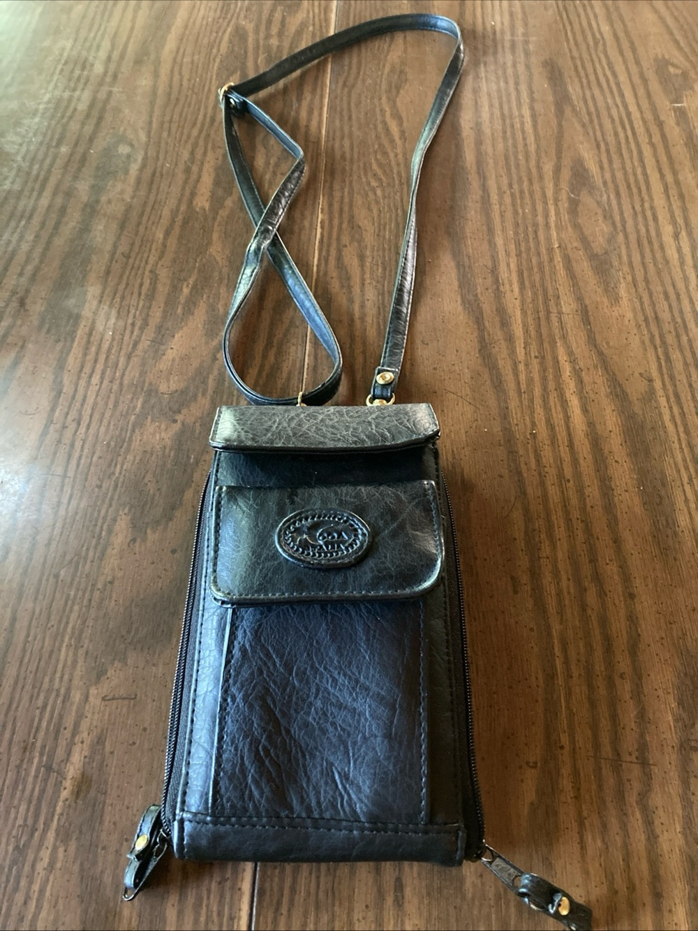 Vtg 90s moda italia black leather organizer wallet crossbody adjustable straps